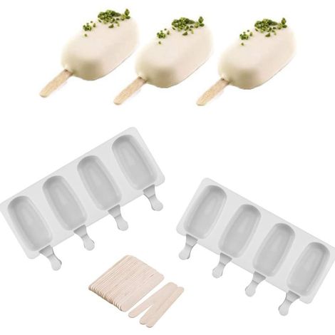 Lot de 2 moules en siliCône à 4 cavités, réutilisables - pour jus de fruits, crème glacée - Forme ovale classique, anti-adhésif, avec 50 batonnets en bois-Fei Yu (1/5)