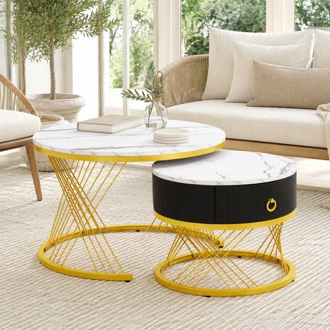 Mesa de centro nido de 2 piezas efecto mármol con cajón, blanco y dorado HAVRYA (1/5)