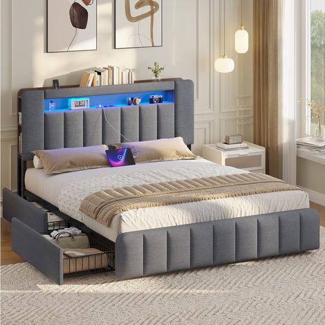 Lit 140x190 à LED avec Multiprise et 4 Grands Tiroirs, Cadre de Lit avec Sommier à Latte et Tête de Lit Capitonnée Sommier avec Rangement, Moderne sans Matelas (Lin Gris, 140x190cm) (1/5)