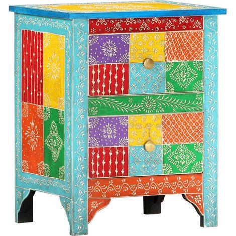 Chevet Commode de nuit - Table d'appoint - peinte à la main 40x30x50 cm Bois de manguier Chic-607243 (1/5)