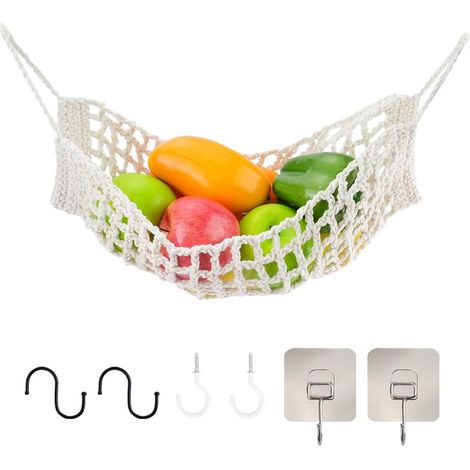 2 Pièces Corbeille à Fruit Suspendue, Coton et Bois, avec Crochets en S, Rangement Cuisine Sous Armoire (1/5)
