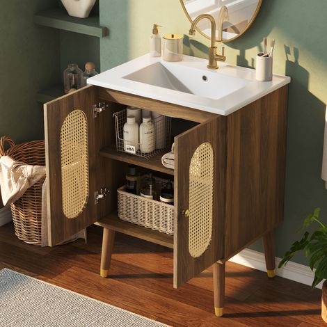 Mobile da bagno da 61 cm con ante in rattan, ripiani fissi, lavabo in ceramica, struttura in MDF di noce (1/5)