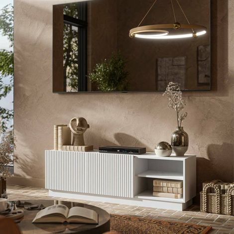 Mueble de TV Finita, aparador de salón con dos puertas batientes, diseño minimalista y moderno, 150 x 40 x 48 cm, blanco (1/4)