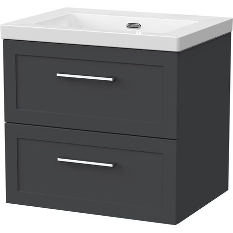 Stonnall Traditional Wall Hung 2 Drawers Vanity Unit with 0 Tap Hole Fireclay Basin, 600mm, Dark Grey