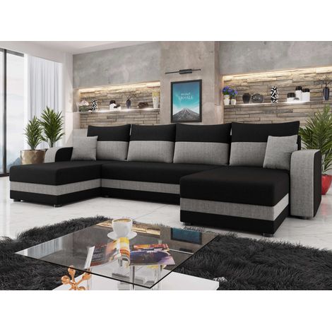 Bestmobilier – Canapé panoramique convertible 7 places avec coffre – Tissu bicolore noir et gris – Dimensions 313x127 cm – Dossier rabattable