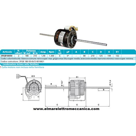 ELCO 3FGB 180-50-6V/23 Motore 310 W BIALBERO 6 Velocità aspiratore Fan Coil