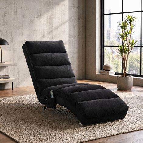 Chaise longue fissa massaggiante con vibrazione delicata, tasca laterale, lino nero DESVIAE (1/5)
