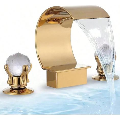Lavabo, robinet de baignoire, lavabo cascade, plan de travail en laiton, double poignée en cristal, robinet mélangeur chaud et froid (or) (1/5)