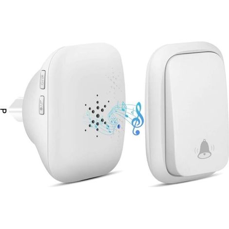 Sonnette sans Fil, Sonnette Auto Alimentée sans Batterie Requise Carillon de Porte sans Fil, Bouton Poussoir étanche à 150m de Portée avec 38 Carillons, Volume à 4 Niveaux et LED - Blance