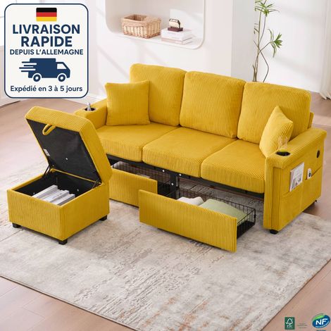 MODFU - Divano angolare a 3 posti con sgabello e 2 cassetti, LED + porta USB-C, portabicchieri e tasche laterali, velluto a coste, giallo (1/5)