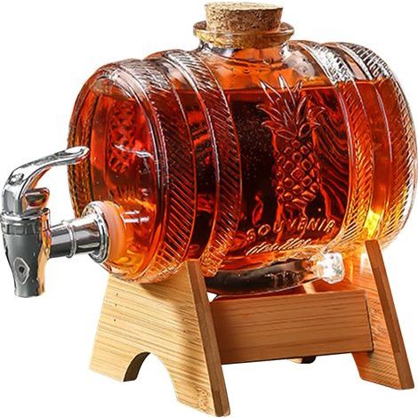 Distributeur de boisson en forme de tonneau 1 L, carafe à whisky pour alcool avec robinet, distributeur transparent avec support en bois pour vin, fût à whisky, limonade (JS-1) (A) (A)