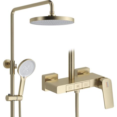 Colonne de Douche Dorée Brossé, RSS0337 Moderne Touches de Piano Ensemble de Douche, 10"/255mm Rond Pomme de Douche, Robinet de Baignoire, 59A Tout en Cuivre, Hauteur Réglable (Or Brossé) (1/5)