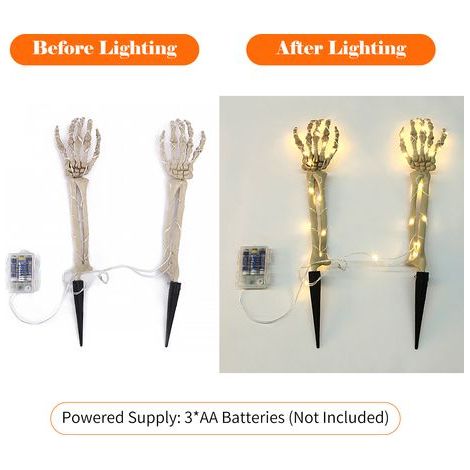 Pack of 2 Halloween skeleton arm light stakes with 48 LEDs, 1.5m string lights, battery operated, realistic stakes for party props, outdoor garden decorations (1/5)