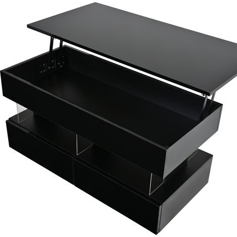Tavolino da caffè alzabile 100x50x46 cm con LED, 2 cassetti e vano contenitore nero (1/5)