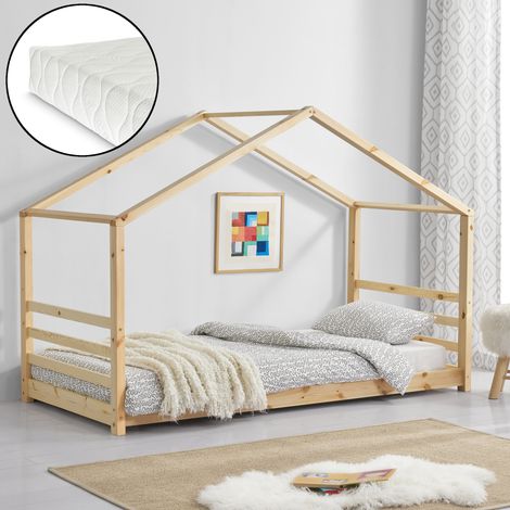 Letto a Casetta per Cameretta Vardø con Materasso 90x200 cm Legno Naturale [en.casa] (1/5)