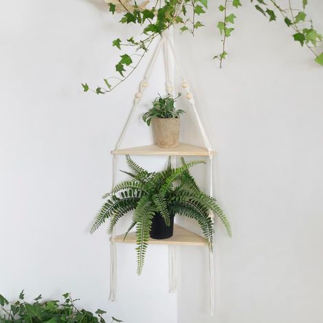 Tablette en coin de mur blanc - étagères flottantes en bois de 2 étages, style bohème rustique, mobilier robuste et élégant (1/5)
