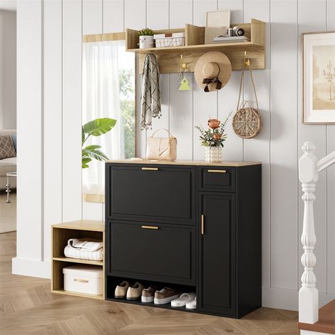 4-teiliges Flurmöbel-Set – Garderobe mit Schuhschrank, Bank, Kleiderhaken und Spiegel – 139,5 x 35 x 166 cm – Schwarz und Natur (1/5)