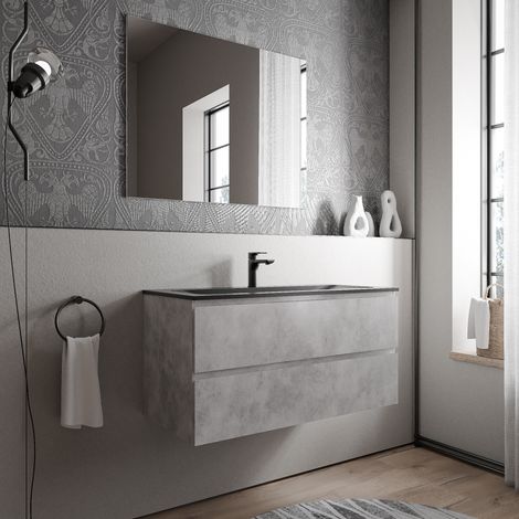 BERNSTEIN - Mobile lavabo sospeso MDF effetto cemento, lavello Ghisa nero opaco + foro rubinetto - 100x46x50cm - AVA BRUSSELS	Calcestruzzo, Nero opaco con foro rubinetto
