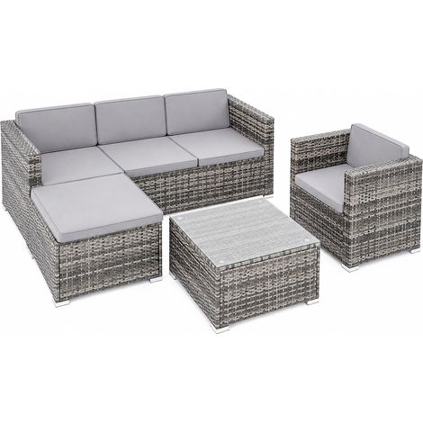 Salottino Da Giardino Modulare In Polyrattan Con Cuscini E Tavolino Configurazione Flessibile Per 4/5 Persone Perfetto Per Terrazza Patio Outdoor Grigio