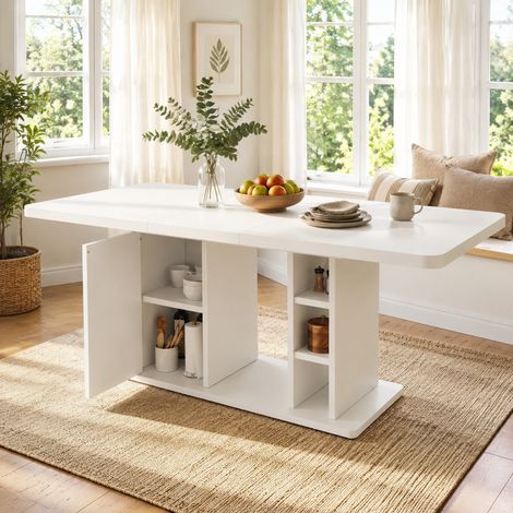 Mesa extensible 140/180 x 80 cm con almacenaje, 6 a 8 personas, blanca MDF HAVRYA (1/5)