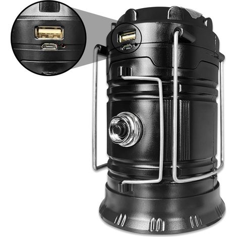 Lampe de camping solaire, lampe LED pliable, chargement USB-C, noire. (1/5)