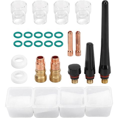 23-teiliges WIG-Schweißzubehörset: Glasbecheranschluss, Elektrodenklemme, PTFE-Frontabdeckung für WP 17, 18 und 26