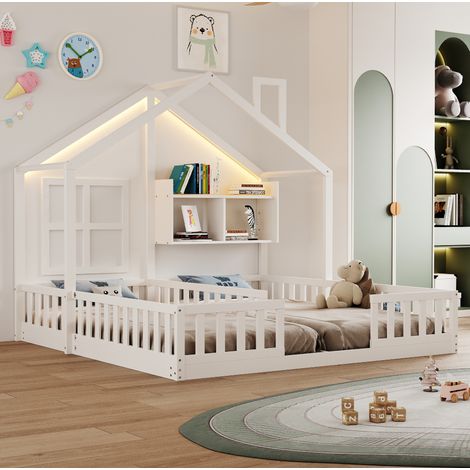 Kinderbett 90x200 cm Weiß aus Massivholz und MDF mit Hausdesign, LED-Beleuchtung, Sicherheitsgittern und Ablagefächern (1/5)