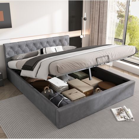 Cama doble tapizada elegante 140x200 cm de terciopelo gris con cabecero capitoné, almacenaje hidráulico y somier de láminas (1/5)