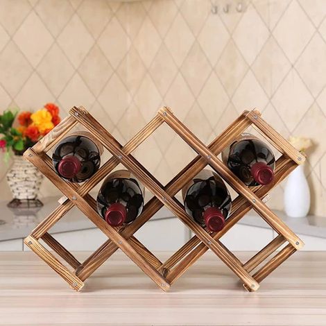 Portabottiglie in legno con capacità di 10 bottiglie, pieghevole e impilabile, ideale per l'utilizzo in cucine, bar, case e ristoranti. (1/5)
