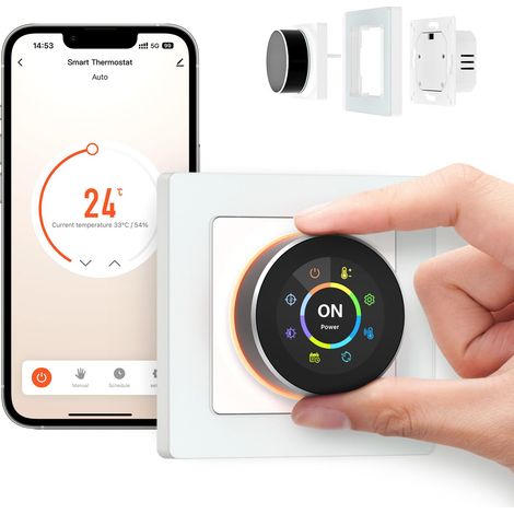 Termostato inteligente WiFi para suelo radiante eléctrico, termostato de ambiente de 55 x 55 cm para suelo radiante, compatible con Alexa y Google Assistant, termostato 55x55 – Mando giratorio