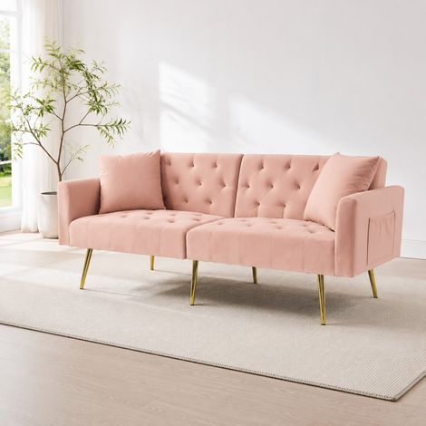 Sofá cama de 2 plazas en terciopelo rosa, respaldo ajustable en 3 posiciones, con 2 cojines HAVRYA (1/5)