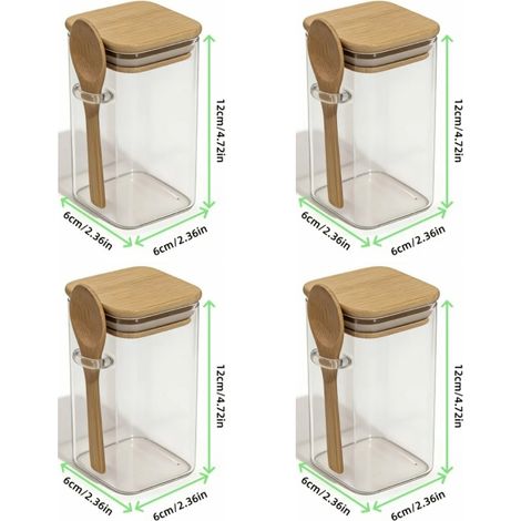 (4 pièces) Bocaux de rangement carrés en verre hermétique avec couvercles en bambou et cuillères, adaptés pour conserver les épices, le sucre et le café dans la cuisine. (1/5)