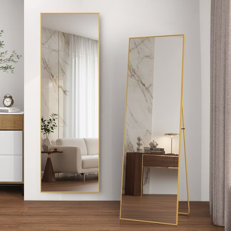 Specchio da Terra Design 164x54 cm - Grande Specchio Rettangolare a Parete o Autoportante con Cornice in Alluminio Antiesplosione - Oro