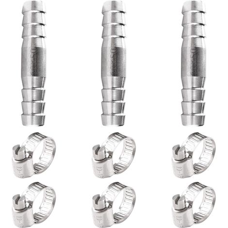 3pcs 10mm Straight Coupler Adapter Fluted Hose Fittings Stainless Steel 2 Way Fuel Hose Connector with 6pcs Clamps for Air Gas Water (1/5)