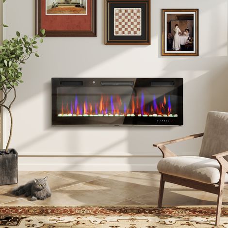 Chimenea Eléctrica Pared Empotrable Ultrafina con Llama 3D Brillo/Velocidad Ajustable y 12 Colores Guijarros 900/1800W (1/5)