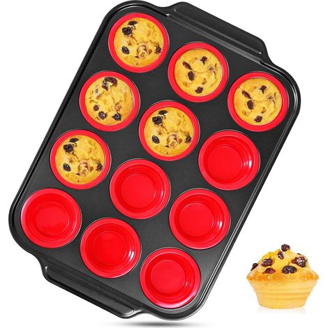Silikon-Muffinform mit Metallrahmen, 40 x 27 cm Backblech, beschichtet, Standardgröße, Cupcake-Form, Blech für 12 Muffins, rot (1/5)