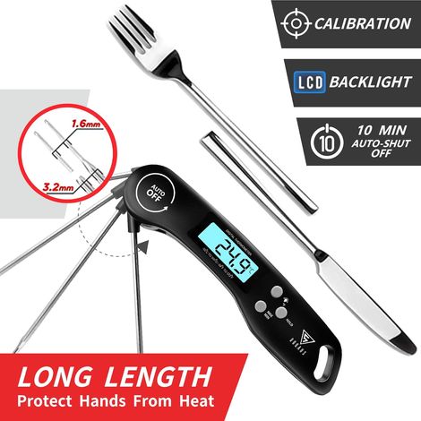 Thermomètre à viande, thermomètre de cuisine, thermomètre numérique avec lecture instantanée 3 s, pliable, longue sonde et écran LCD, marche/arrêt automatique pour cuisine, grill, barbecue, alimentati (1/4)
