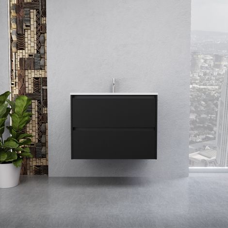 Inda - Badezimmerschrank 2 Schubladen B.80 mit glänzendem Waschbecken / Mattschwarz - Smeraldo