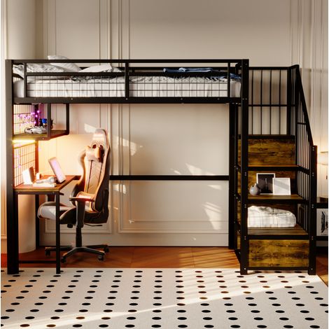 Cama alta juvenil con escritorio y almacenaje negra OKMYHOME (1/5)