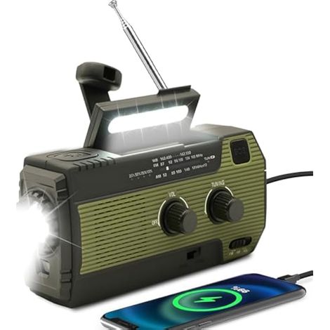 Radio Solaire d'urgence, à manivelle, Auto-alimentée, avec Lampe de Poche LED, Alarme SOS, Radio AM/FM météo Wind Up avec Batterie de 4000 mAh pour Charge d'urgence (1/5)