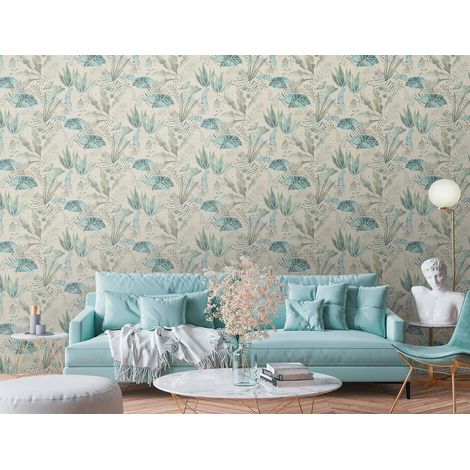 Papier peint feuille, bleu, vert clair, fond crème B393484 (1/4)