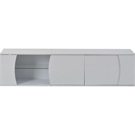 Meuble TV blanc 180x40x45 cm avec 3 portes, verre trempé et éclairage LED, support jusqu'à 80 pouces (1/5)
