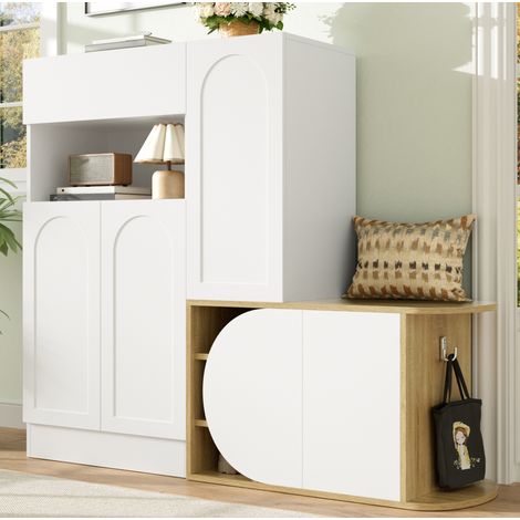Schuhschrank 130x35x110.5 cm, Sitzbank, 5 Türen, MDF, Weiß mit Holzoptik (1/5)