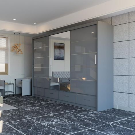 Dublin High Gloss 2&3 Sliding Mirror Door Wardrobe - Grey 255cm