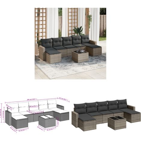 Salon de jardin 8 pcs avec coussins gris résine tressée - Ensemble Salon De Jardin - Meuble De Jardin - Canapé D'extérieur - Résine Tressée - Rotin Synthétique - Home & Living (1/3)