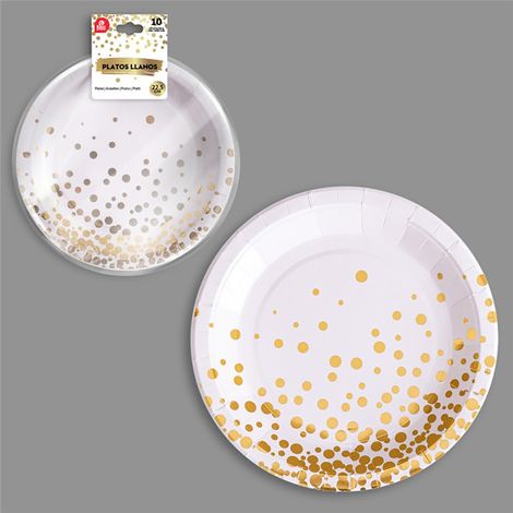Assiette plate en carton Ø22,5cm blanche et dorée (10 unités)