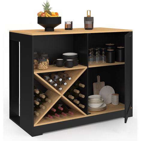 Idmarket – Table de bar îlot 113 cm – Range bouteilles bois noir – Plateau hêtre – Meuble de rangement avec étagère réglable – Pour 2 personnes