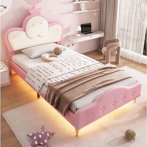 Kinderbett 90/200 cm rosa/weiß aus PU mit LED-Lichtleiste (1/5)