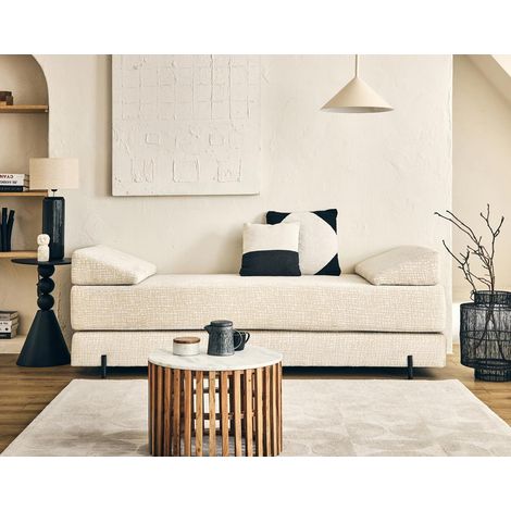 Bestmobilier – Banquette 3 places convertible en tissu velours relief – Couchage occasionnel – Dimensions 196x84x85 cm – Style contemporain – Couleur beige (1/5)