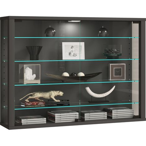 Ebuy24 – Vitrine murale en verre de sécurité ESG – Cadre en bois – 4 étagères réglables – Dimensions H. 60 x L. 83 x P. 18 cm – Éclairage LED disponible